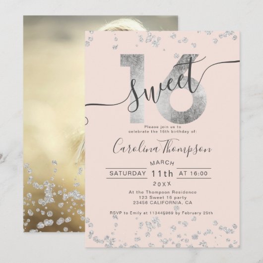 Invitation Chic en feuille d'argent confetti blush Sweet 16 p (Devant / Derrière)