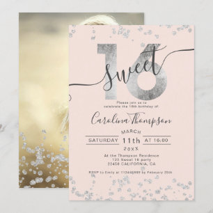Invitation Chic en feuille d'argent confetti blush Sweet 16 p