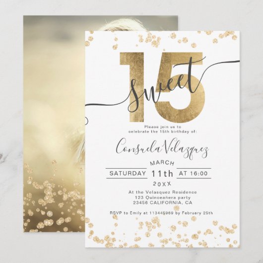Invitation Chic en feuille d'or confetti blanc Quinceanera ph (Devant / Derrière)
