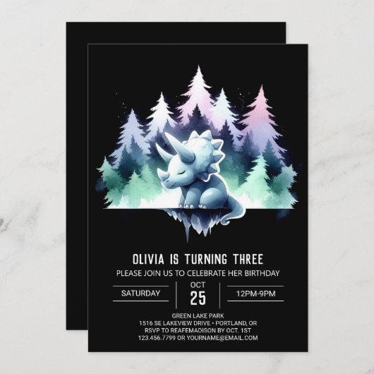 Invitation Chic Enchanted Triceratops Anniversaire (Devant / Derrière)
