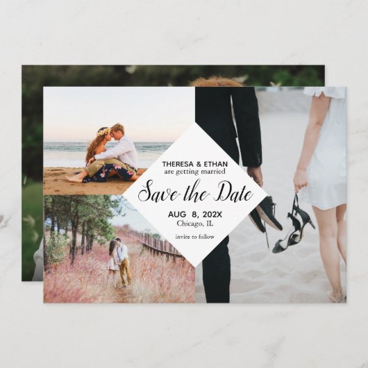 Invitation Chic Enregistrer la date Photo Collage Mariage (Devant / Derrière)