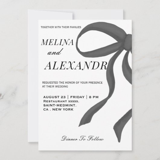 Invitation Chic et tendance Ruban Mariage noir et blanc (Devant)