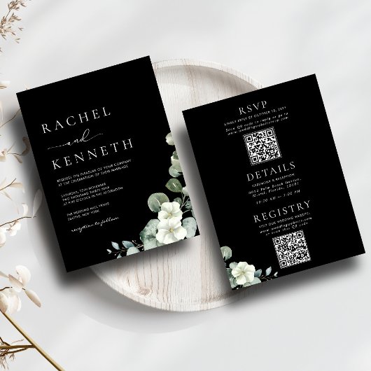 Invitation Chic Eucalyptus noir & blanc tout en un Mariage