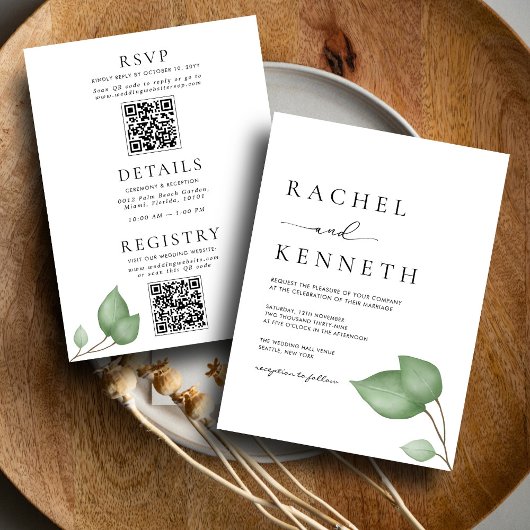 Invitation Chic Eucalyptus noir & blanc tout en un Mariage