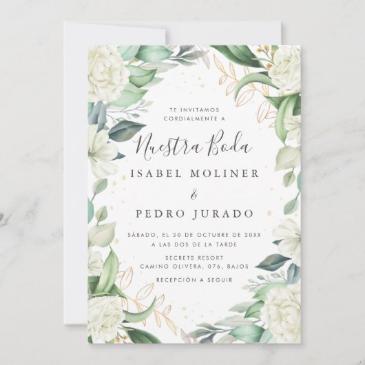 Invitation Chic Eucalyptus Roses Blanches Nuestra Boda Mariag (Devant)