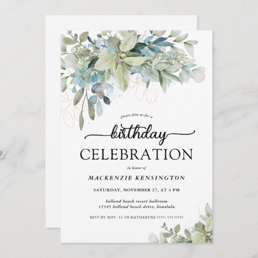 Invitation Chic Eucalyptus Verdure Anniversaire Célébration (Devant / Derrière)