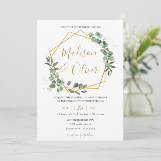Invitation Chic Eucalyptus Verdure or Mariage géométrique (Debout devant)