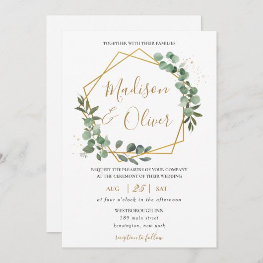 Invitation Chic Eucalyptus Verdure or Mariage géométrique (Devant / Derrière)