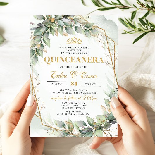 Invitation Chic eucalyptus verdure parties scintillant or Qui