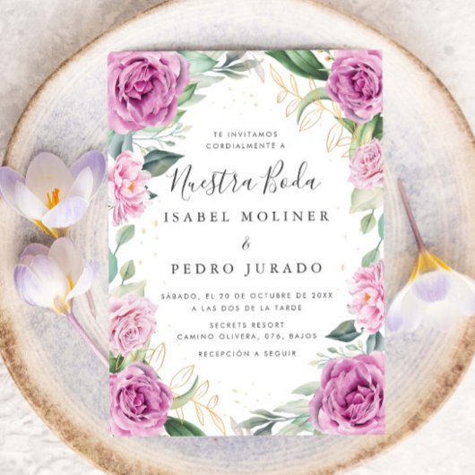 Invitation Chic Eucalyptus violet Roses Nuestra Boda Mariage