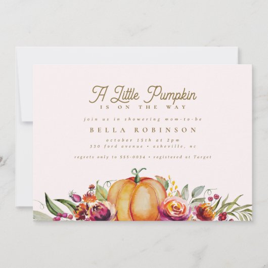 Invitation Chic Fall Little Citrouille Rose Baby shower or (Devant)