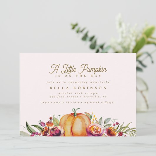 Invitation Chic Fall Little Citrouille Rose Baby shower or (Debout devant)