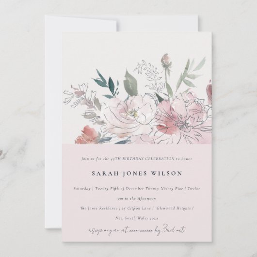 Invitation Chic Fardé Blush Aquarelle Florale Anniversaire (Devant)
