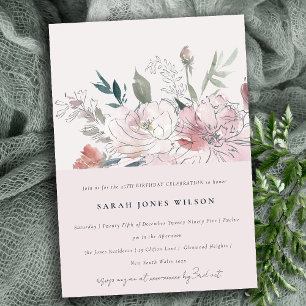 Invitation Chic Fardé Blush Aquarelle Florale Anniversaire