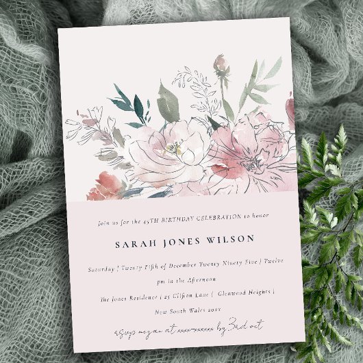 Invitation Chic Fardé Blush Aquarelle Florale Anniversaire