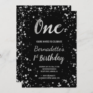 Invitation Chic faux argent confetti éclaboussures premier an