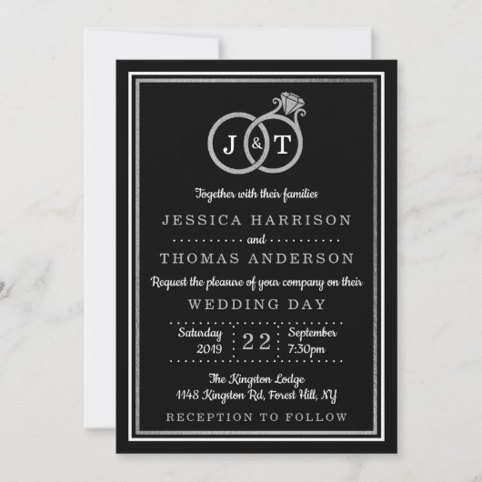Invitation Chic Faux Argent Huile Monogramme Mariage Cercles (Devant)