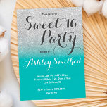 Invitation Chic faux argent parties scintillant turquoise omb<br><div class="desc">Une douche à parties scintillant moderne,  joliment fausse argent ombre avec bloc de couleur turquoise Sweet 16 anniversaire invitation avec motif argent sombre qui s'estompe sur un arrière - plan turquoise.</div>