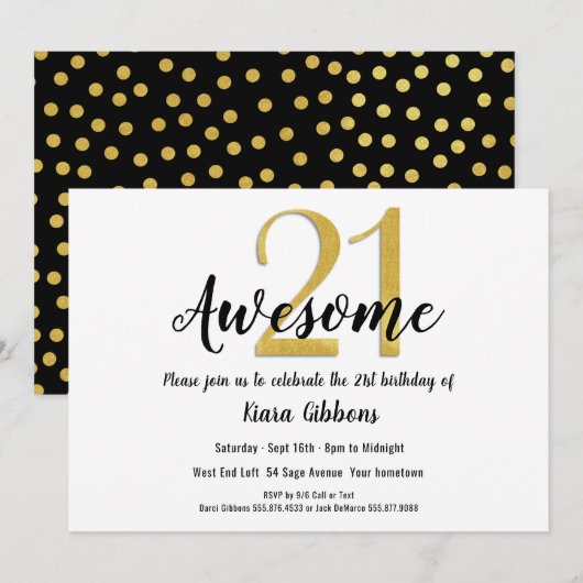 Invitation Chic Faux Gold 21ème anniversaire de fête Invitati (Devant / Derrière)