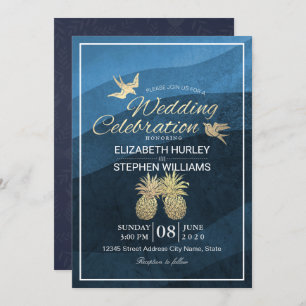 Invitation Chic Faux Gold Ananas Couple Blue Wave Mariage