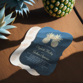 Invitation Chic Faux Gold Ananas Couple Blue Wave Mariage