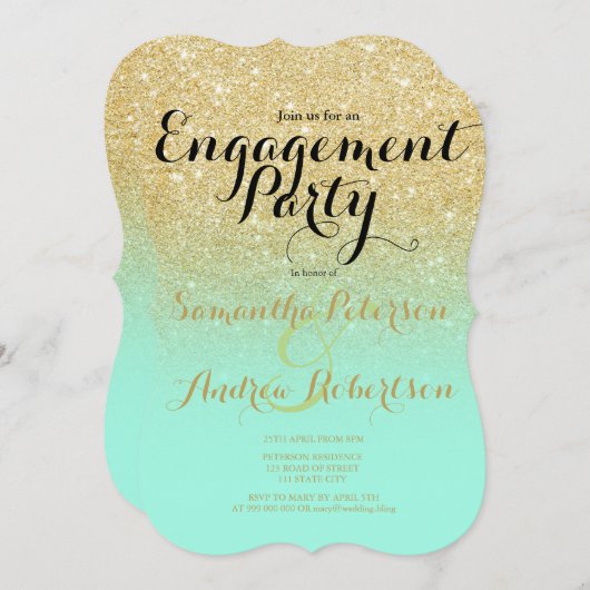 Invitation Chic faux or parties scintillant menthe verte fian (Devant / Derrière)