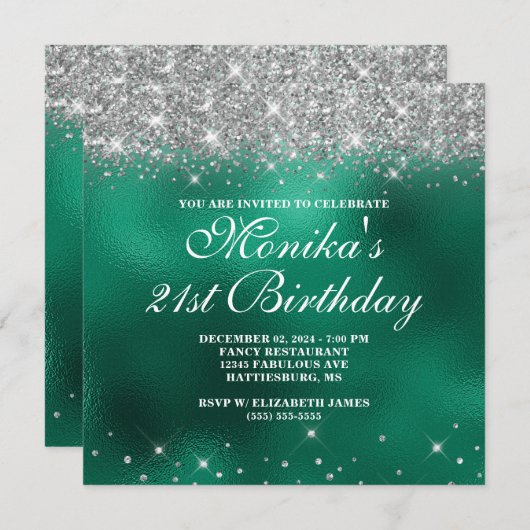 Invitation Chic Faux Parties scintillant Argent Monogramme Gr (Devant / Derrière)