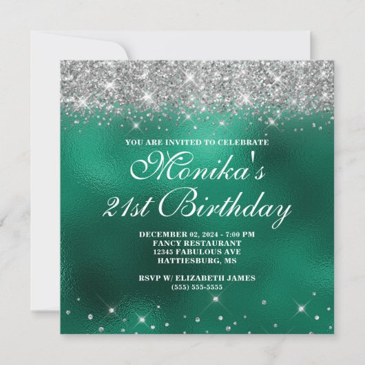Invitation Chic Faux Parties scintillant Argent Monogramme Gr (Devant)