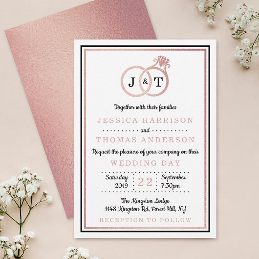 Invitation Chic Faux Rose Gold Foil Monogramme Mariage Cercle