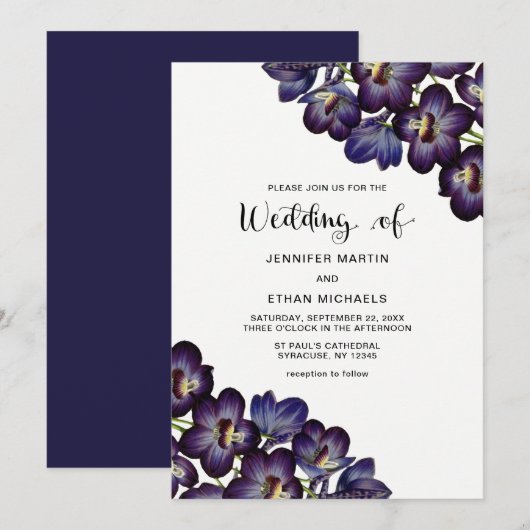 Invitation Chic Feminine Mariage Floral Violet foncé (Devant / Derrière)