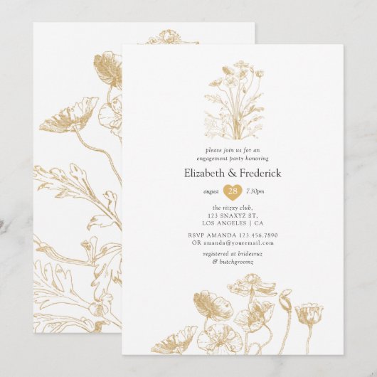 Invitation Chic Fête de Fiançailles Florale Or (Devant / Derrière)