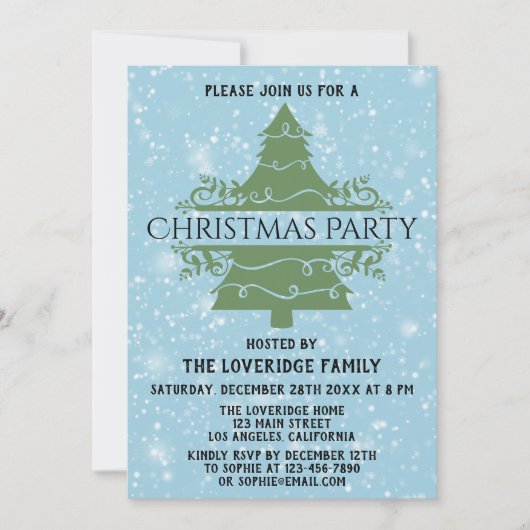 Invitation Chic Fête de Noël Bleue Flocons de Neige Arbre (Devant)