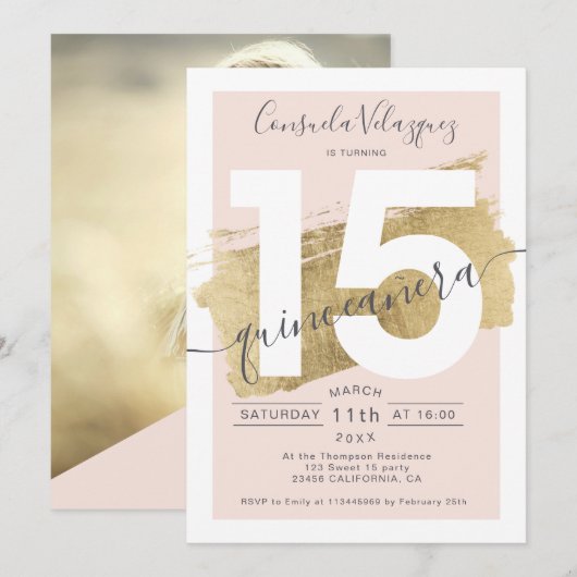 Invitation Chic feuille d'or brosse blush quinceanera photo (Devant / Derrière)
