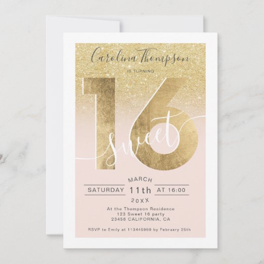Invitation Chic feuille d'or parties scintillant script blush (Devant)
