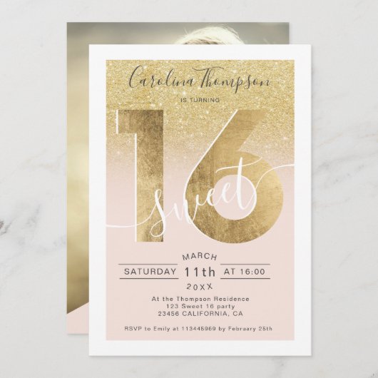 Invitation Chic feuille d'or parties scintillant script blush (Devant / Derrière)