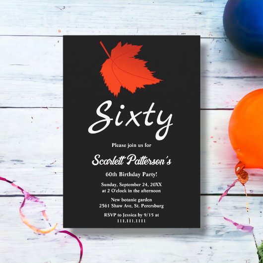 Invitation Chic Feuilles Noir et Blanc Rouge Automne 60e anni