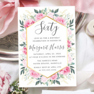 Invitation Chic Feuilles or rose floral 60e Soixante Annivers
