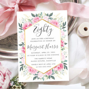 Invitation Chic Feuilles or rose florale 80e anniversaire 80e