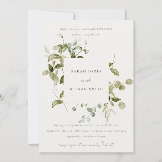 Invitation Chic Fiançailles d'aquarelle de feuillage botaniqu (Devant)