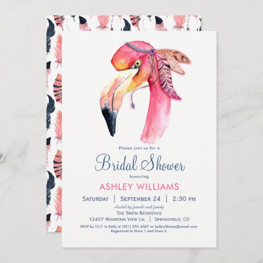 Invitation Chic Flamant rose Rose nuptiale douche (Devant / Derrière)