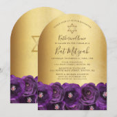 Invitation Chic Fleur de Rose Violette Or Bar Mitzvah (Devant / Derrière)