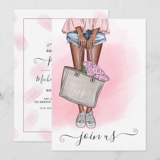 Invitation Chic Fleur Rose Enterrement de Vie de Jeune Fille  (Devant / Derrière)