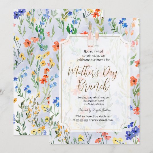 Invitation Chic Fleur sauvage Bleu Vin Fête des Mères Brunch (Devant / Derrière)