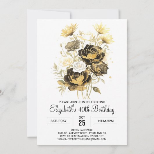 Invitation Chic Fleur sauvage Gold et Black 30e anniversaire (Devant)