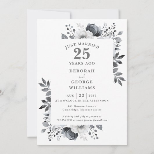 Invitation Chic Fleurs Argent 25e Anniversaire de Mariage  (Devant)