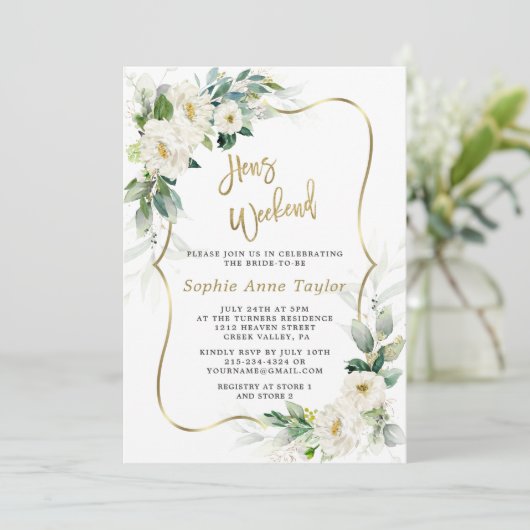 Invitation Chic Fleurs Blanches Gold Hens Bachelorette Week-e (Debout devant)