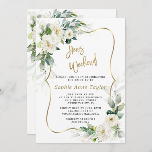 Invitation Chic Fleurs Blanches Gold Hens Bachelorette Week-e (Devant / Derrière)