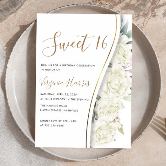 Invitation Chic Fleurs Blanches Sweet sixteen 16 Anniversaire