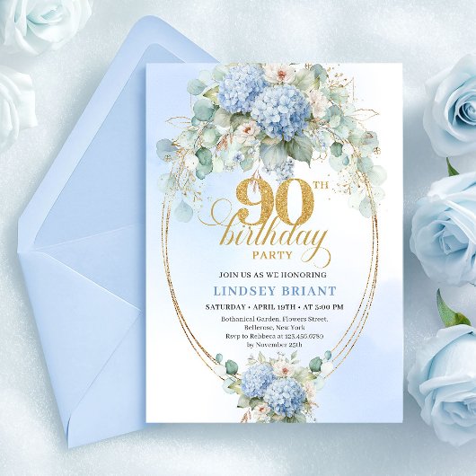 Invitation Chic Fleurs Bleues Douces Eucalyptus 90e Anniversa