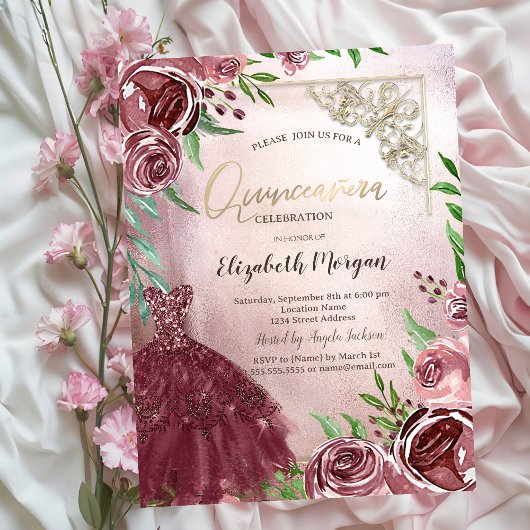 Invitation Chic Fleurs Bourgogne Robe Or Cadre Quinceanera